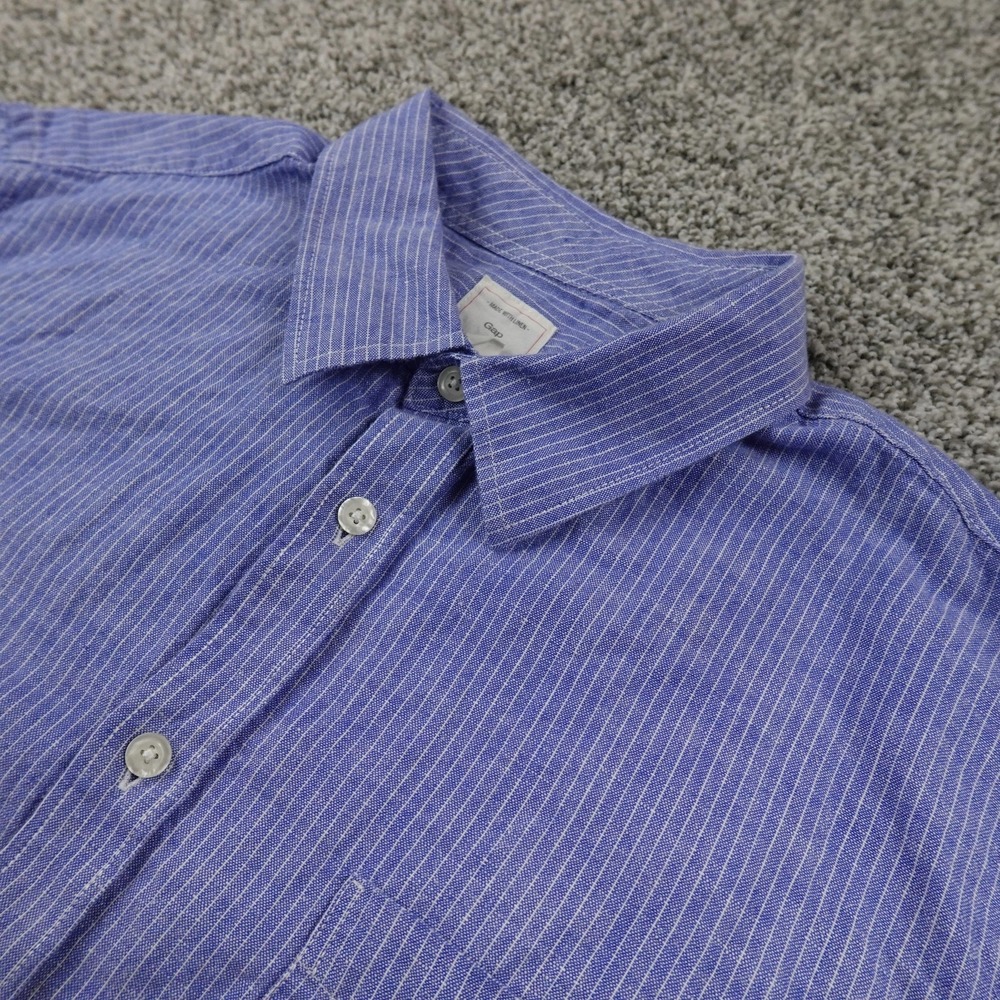Gap Shirt Mens XL‎ Blue White Striped Linen Blend Chambray Button Up Long Sleeve